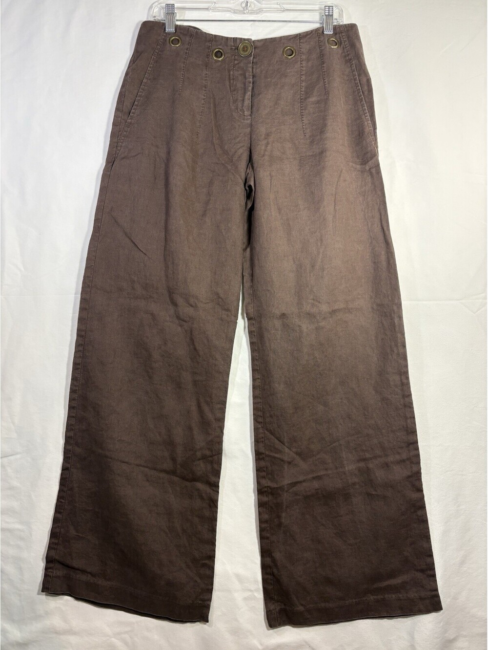 Kenar Brown Linen Trousers Pants Womens 8 Wide Leg Grommet Trim Pockets